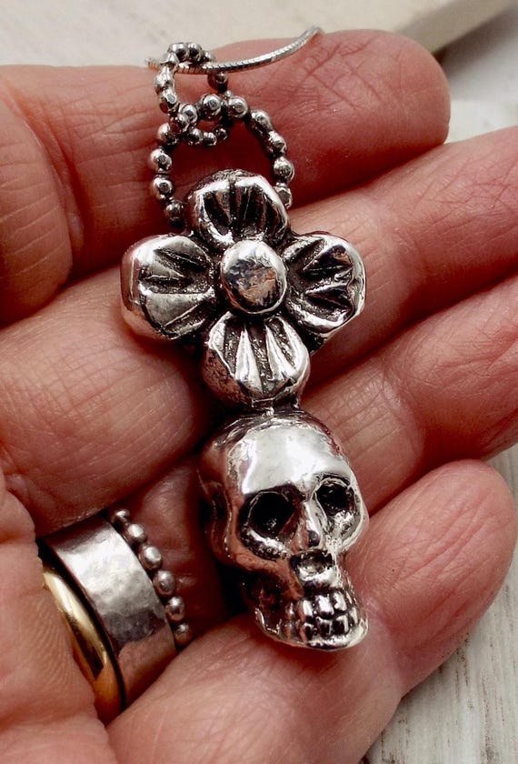 Day Of The Dead Skull And Flower Pendant, Heavy Sterling Silver Necklace, Solid Cast Silver