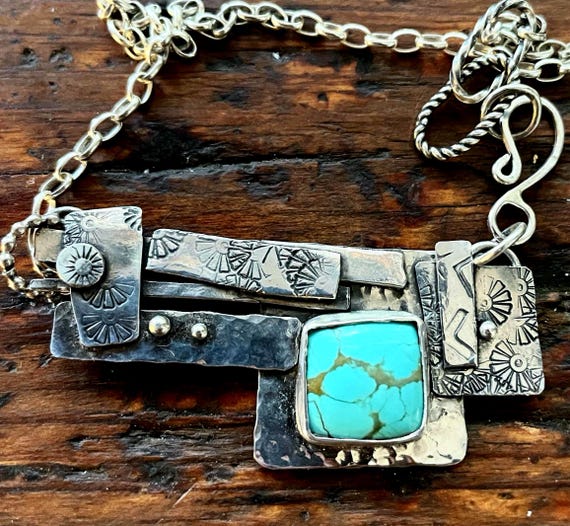 Arizona Turquoise Sterling Silver Choker: Abstract Scrap Fused Pendant