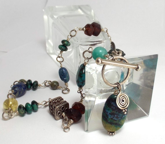 Turquoise, Azurite, African Glass and Sterling Silver  Gemstone Necklace
