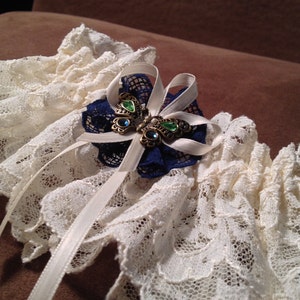 Ivory Vintage Lace Garter with Navy Blue Lace Fleurette and Vintage Butterfly Brooch