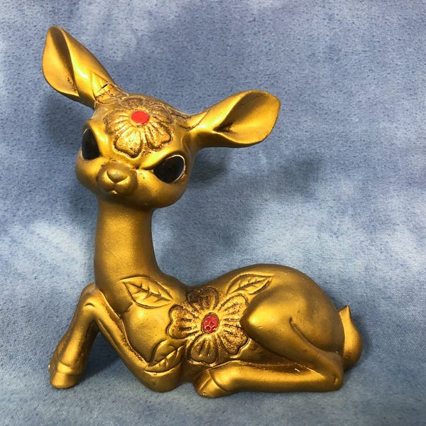 Vintage Gold Kitschy Cute Big Eyed Deer Ceramic Figurine, Flowers, 6"