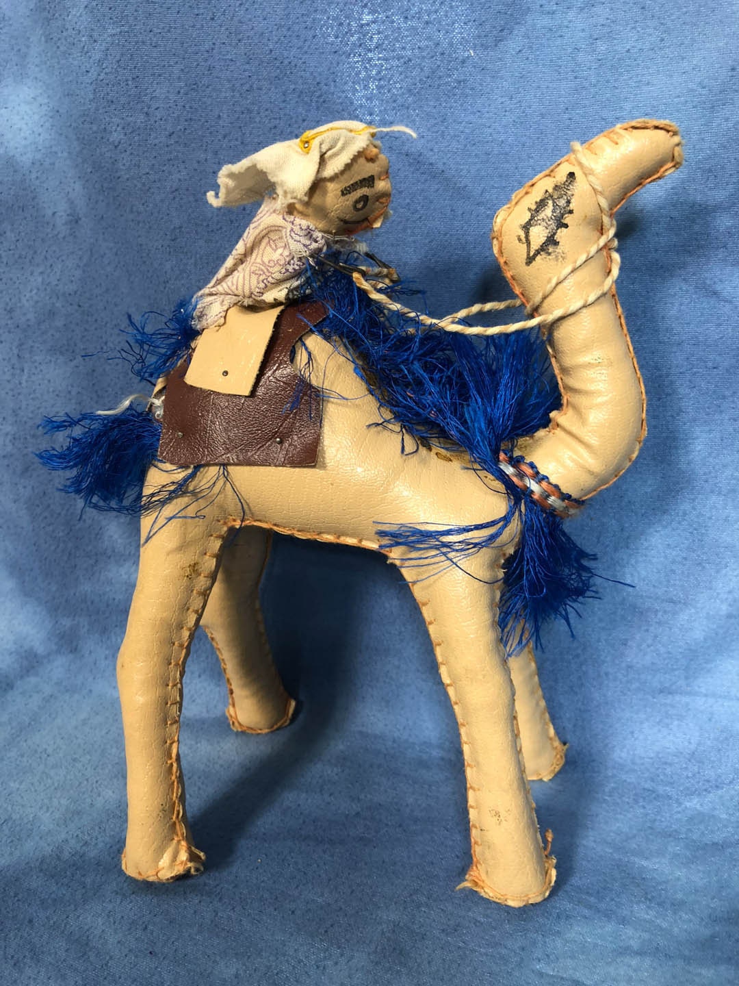 9 Vintage Leather Stitched Camel Rider Racer Toy Figurine Souvenir Stuffed Folk Art