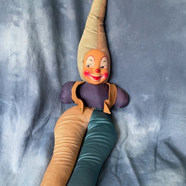 Vintage 26" Stuffed Clown Doll Jester Plastic Face, Antique Carnival Prize