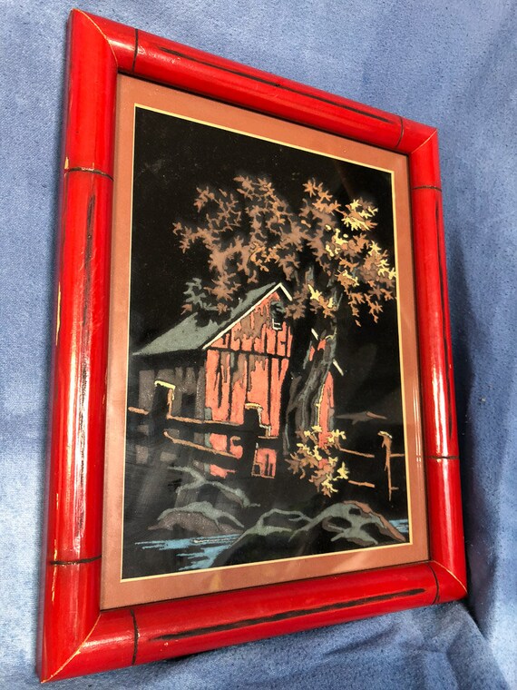 Vintage Paint By Number Black Velvet Barn And Farm Framed Art Etsy