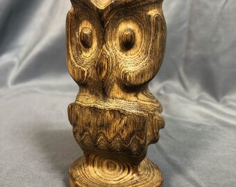 5" Vintage Carved Wooden Owl Figurine, 1970s Signed Folk Art