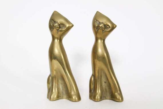 Vintage Pair Of Brass Cat Figurines Long Neck Kitsch Cats Etsy