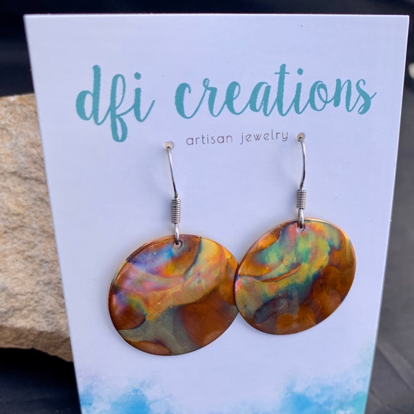 Flame Painted Earrings.  Fire Patina.  Copper Disc Earrings. Flame Painted Copper.  Color Copper Earrings.  7th Anniversary.  Valentine's