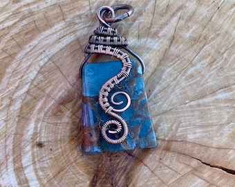 Copper Blue Turquoise Pendant | Copper Wire Woven Pendant | 7th Anniversary Gift | Wire Wrapped Jewelry | Something Blue | Gift for Her