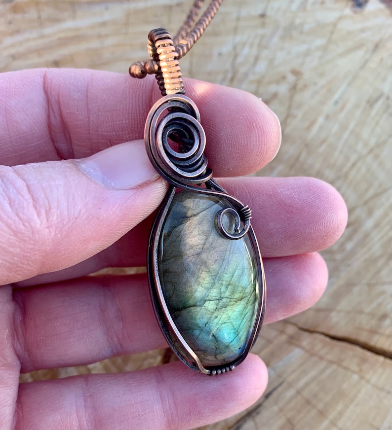Long Necklace Copper Pendant Green and Gold Flash Labradorite Pendant Labradorite Jewelry Wire Wraped Jewelry 7th Anniversary Gift