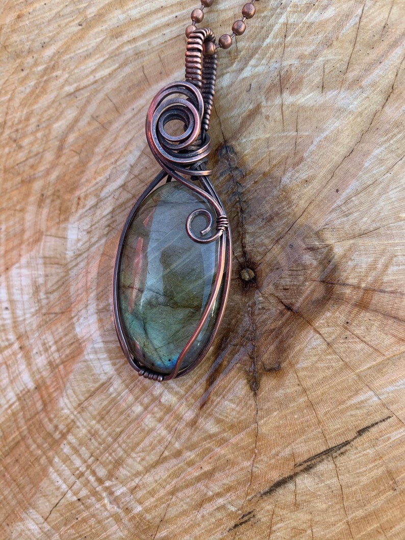 Long Necklace Copper Pendant Green and Gold Flash Labradorite Pendant Labradorite Jewelry Wire Wraped Jewelry 7th Anniversary Gift