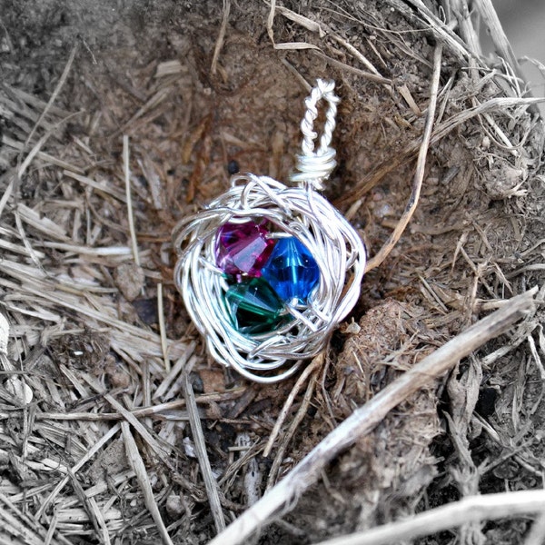 Sterling Silver Wire Bird Nest Pendant.  Great Gift for Mom or Grandmother!