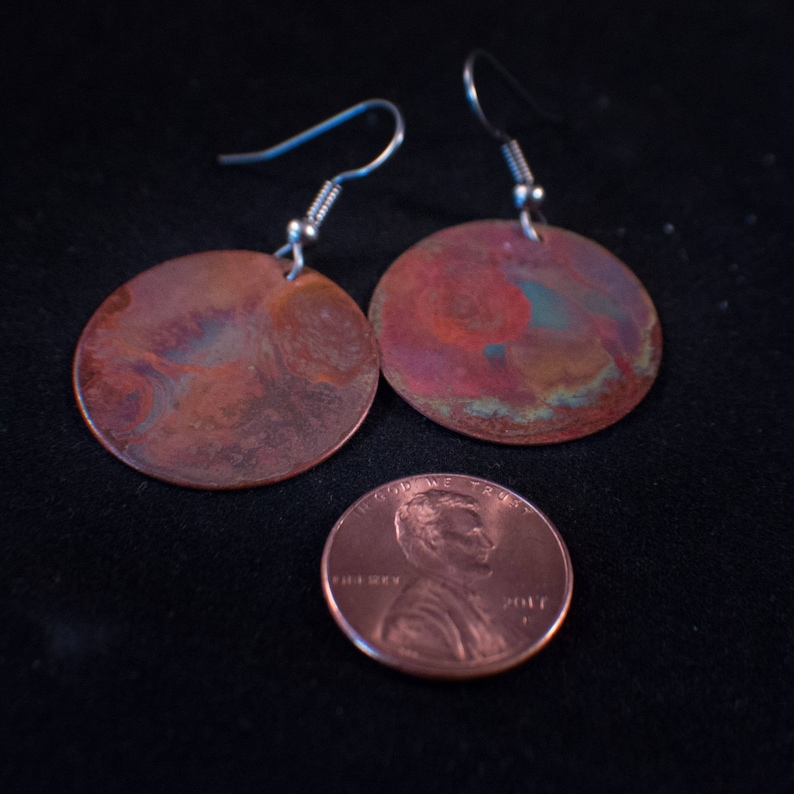 Flame Painted Earrings. Fire Patina. Copper Disc Earrings. Etsy