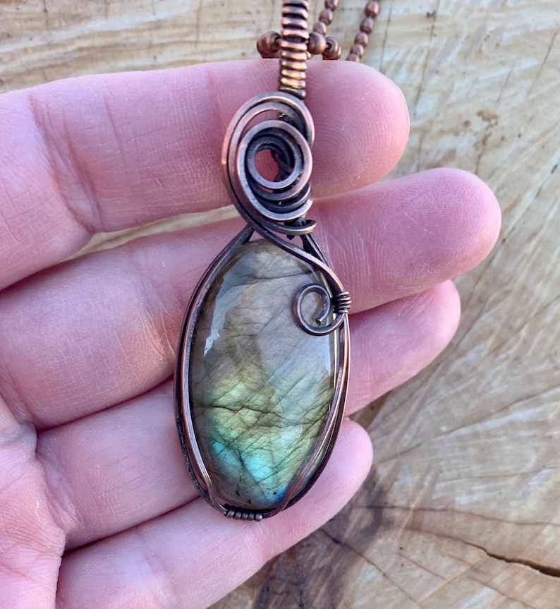 Long Necklace Copper Pendant Green and Gold Flash Labradorite Pendant Labradorite Jewelry Wire Wraped Jewelry 7th Anniversary Gift