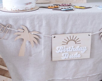 Wooden Birthday Dude Banner, Surfing Shaka Palm Tree Decor