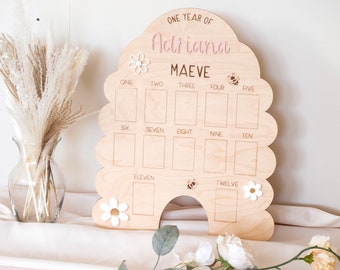 Bee Hive Milestone Board, First Birthday Sign, Baby Photos, Wood Decor