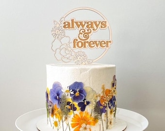 wedding cake topper floral engraved modern wood anniversary cake topper