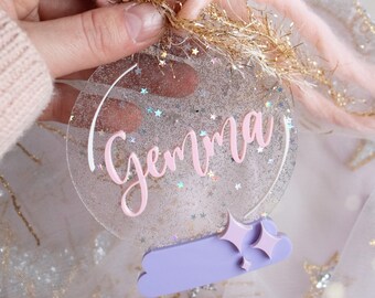 Personalized Crystal Ball Gift Tag: Pastel Sparkle Acrylic Name Decor