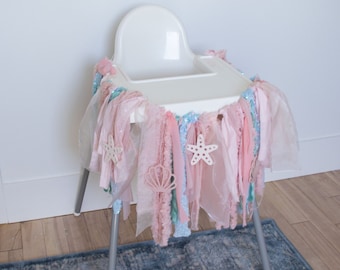 Mermaid High Chair Banner, First Birthday Garland, Boho Sequin Tulle Decoration