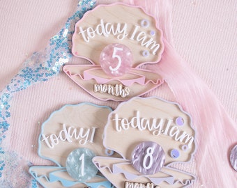 Mermaid Milestone Markers, Baby First Year Wood Shells, Pearl Colors (Set)