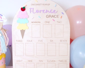 First Year Milestone Board, Ice Cream Party Decor, Baby Photo Display, Baltic Birch Sign