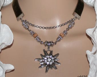 Choker necklace dirndl brown or green edelweiss pendant