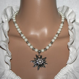 Necklace with flower pendant, rhinestone edelweiss pendant, pearl necklace, traditional costume jewelry, traditional costume festival, necklace, gift