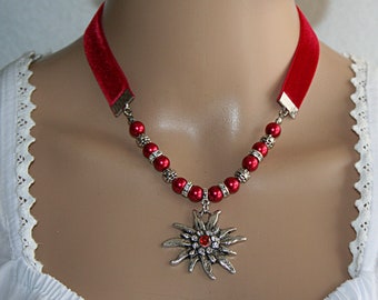 Traditional necklace / red pearl necklace / edelweiss pendant / necklace with pendant / necklace for women / gift for mom