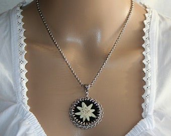 Flower necklace, edelweiss flower in a medallion, traditional jewelry, mountain flower necklace, flower girl, gift