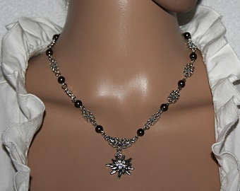 Pearl necklace / Rhinestone edelweiss pendant / Brown pearls / Traditional jewelry / Traditional festival / Women's jewelry / Gift for mom