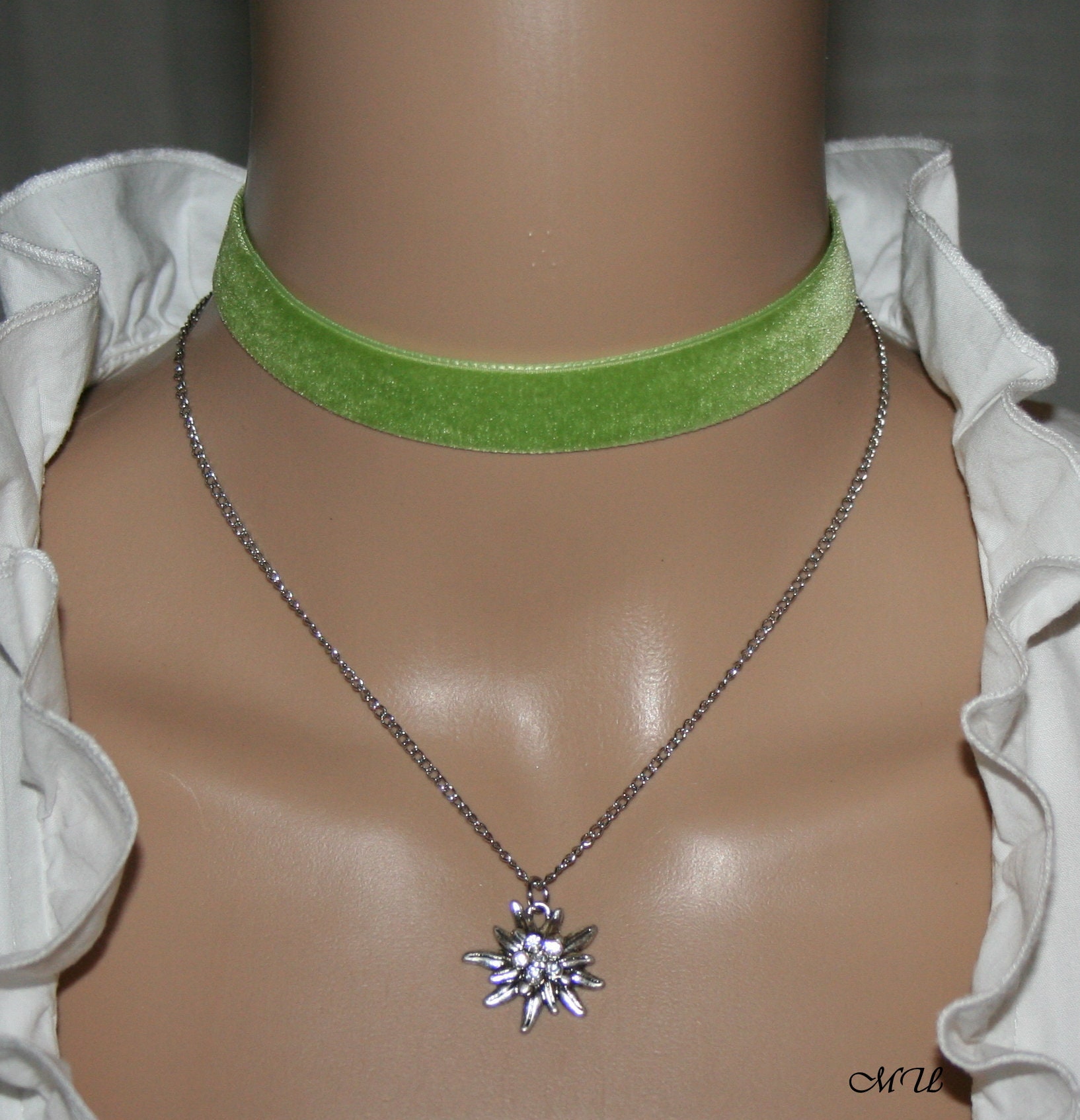 Trachtenkette Samt Mit Edelweiss Strass - Dirndl Schmuck Für Oktoberfest