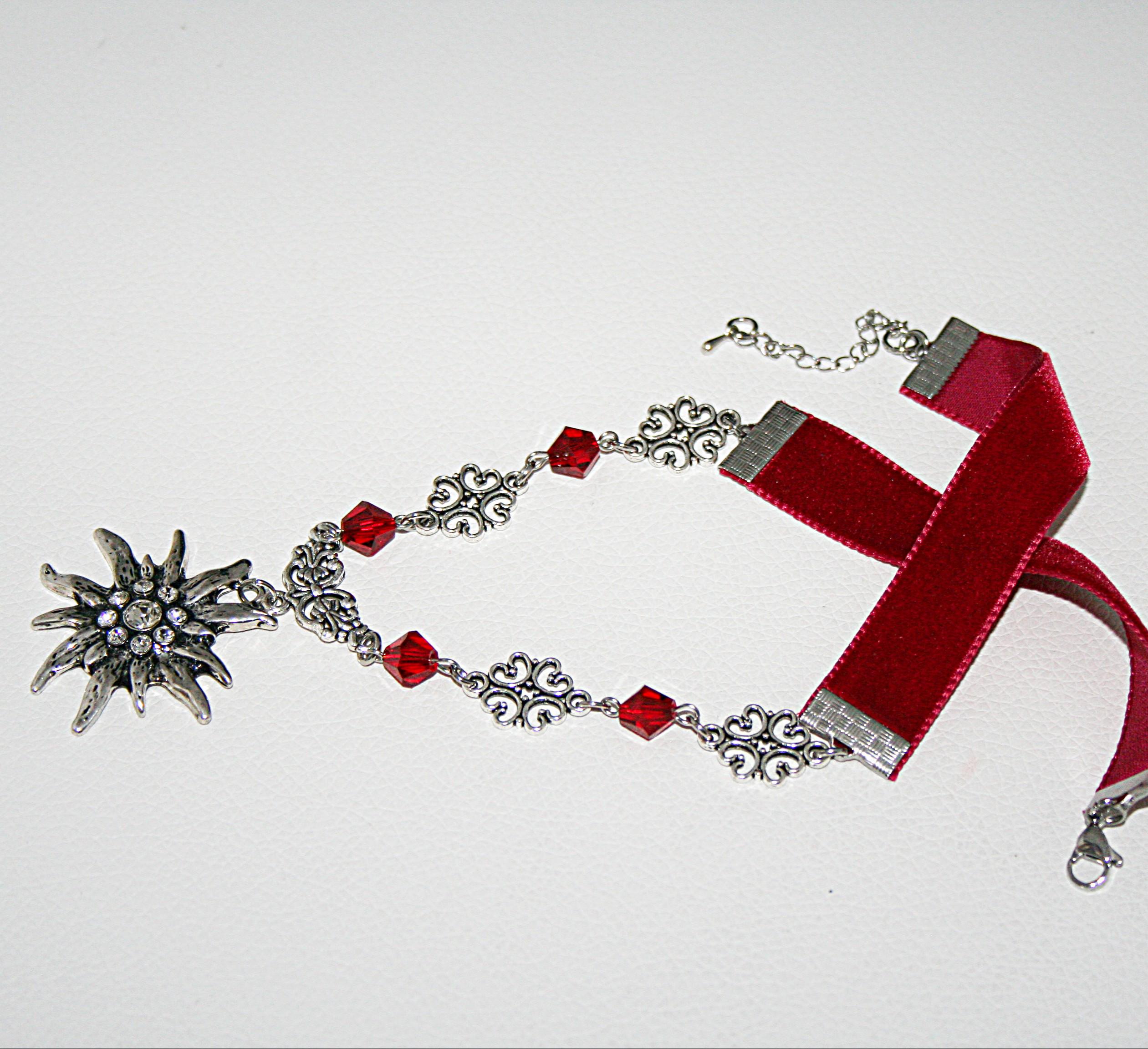 Set Di Gioielli Tradizionali Per Dirndl: Collana In Velluto Rosa Con Edelweiss E Orecchini - 2