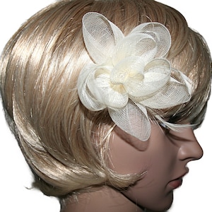 Fascinator and brooch with flower and feathers in white, natural light or red