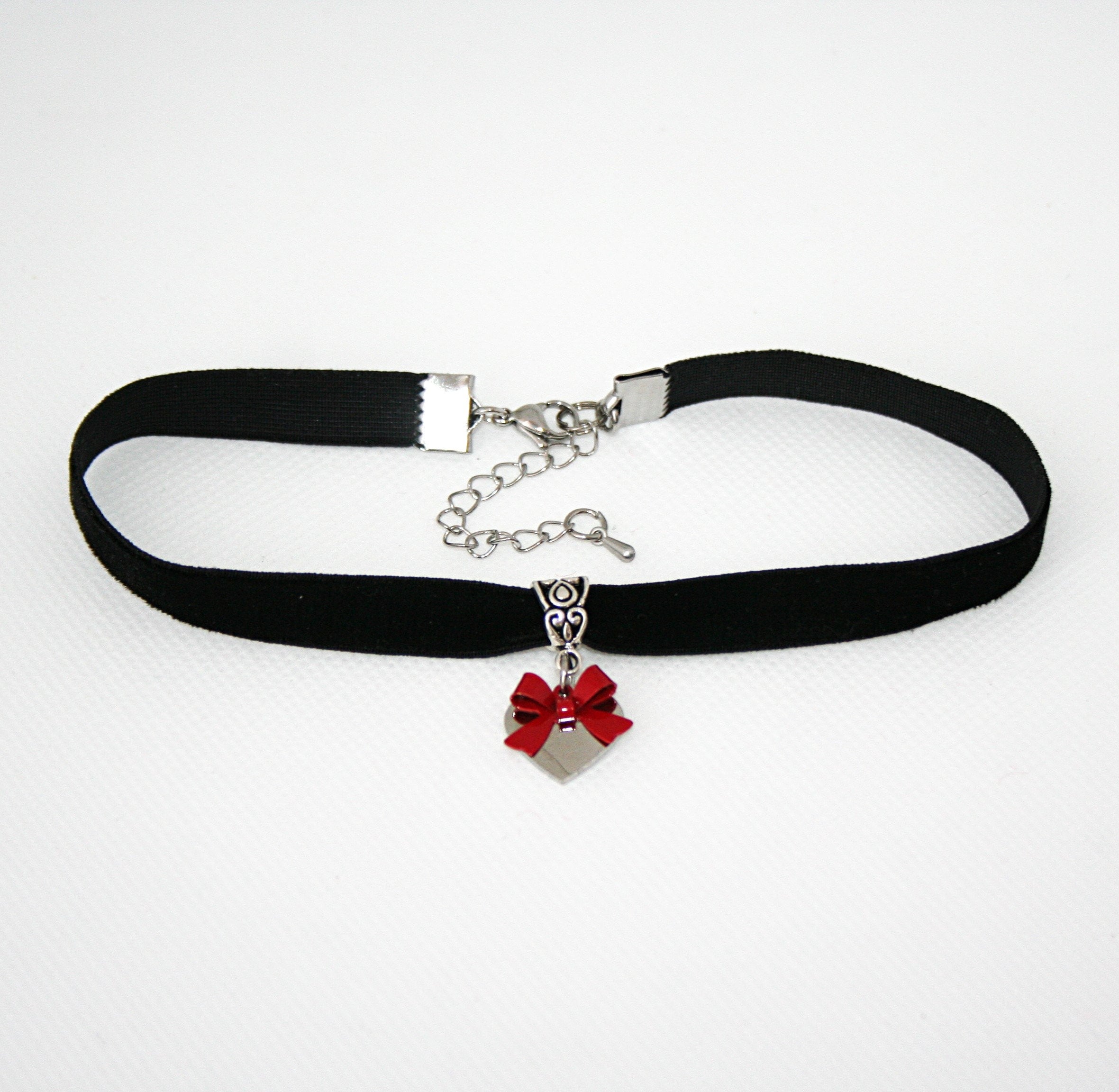 Heart Pendant With Red Metal Bow on Choker Black and Elastic