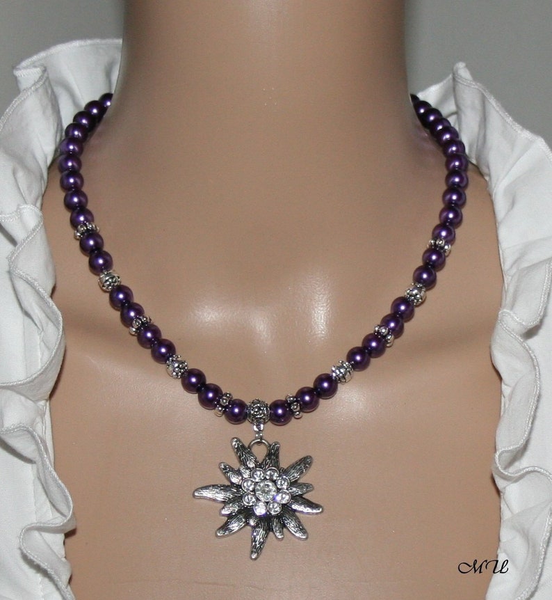 Pearl Necklace Purple Rhinestone Edelweiss Necklace Pendant Jewelry Dirndl