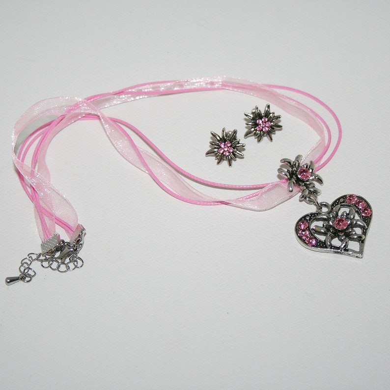 Heart pendant rhinestones edelweiss jewelry earrings jewelry set pink white or red image 2