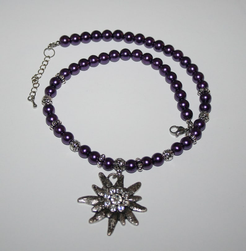 Pearl Necklace Purple Rhinestone Edelweiss Necklace Pendant Jewelry Dirndl