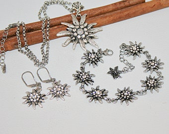 Trachtenschmuckset 3-teilig , Halskette mit Anhänger , Trachtenarmband , Ohrringe Edelweiss , Edelweiss Blumenset , Damenschmuck