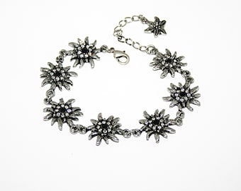 bracelet with edelweiss and rhinestones / edelweiss pendant / edelweiss bracelet / women's bracelet / bridal jewelery / flower pendant