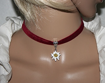 Edelweiss choker, red choker, Edelweiss flower choker alpine flower necklace, women's necklace, flower necklace, mountain flowers