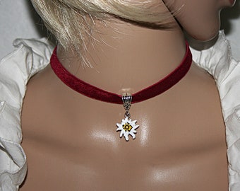 Edelweiss Choker – Red Elastic Choker | Alpine Flower Necklace | Traditional Jewelry for Women