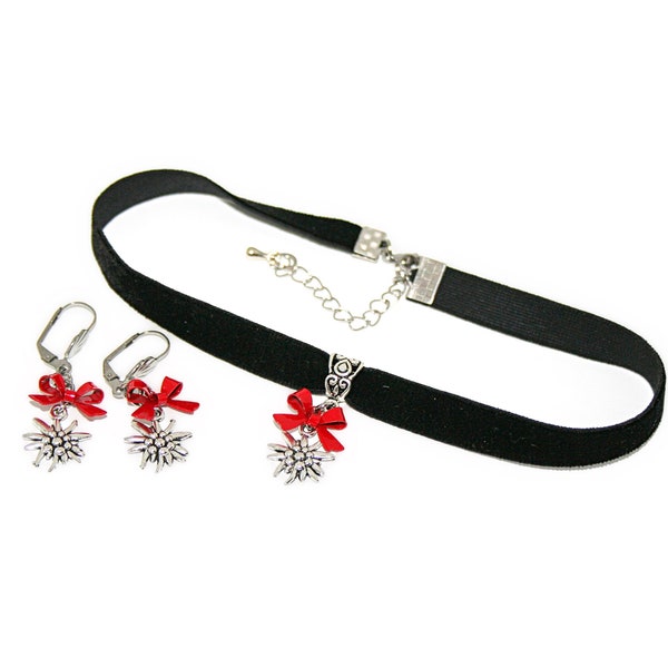 2-teiliges Edelweiß Anhänger Set mit roter Metallschleife, Kropfband und Ohrringe Trachtenschmuck Geschenk für sie