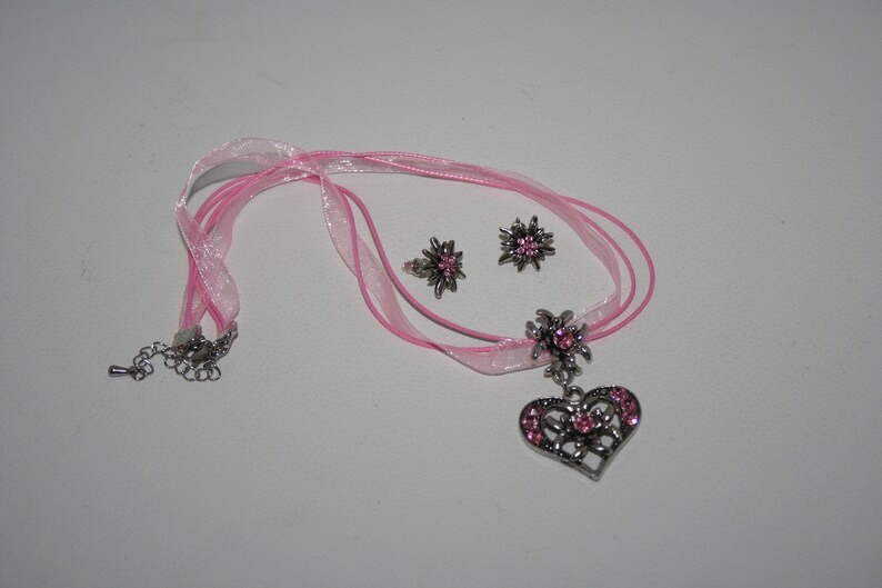 Heart pendant rhinestones edelweiss jewelry earrings jewelry set pink white or red image 4