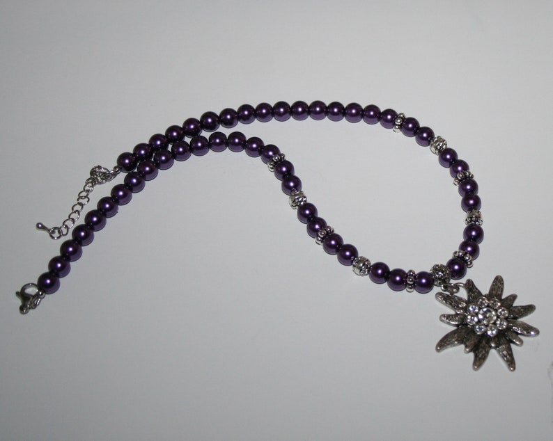 Pearl Necklace Purple Rhinestone Edelweiss Necklace Pendant Jewelry Dirndl
