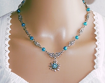 Beaded necklace / rhinestone edelweiss pendant / turquoise beads / traditional costume jewelry / Oktoberfest / women's necklace / gift for mom