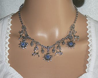 Alpine flower traditional necklace – Blue edelweiss pendant, deer and pine cone charms, gift for women, Alpine Edelweiss Necklace
