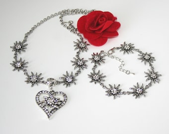 Set di gioielli tradizionali da donna | Collana e bracciale con cuore di stella alpina | Decorato con strass | Set di gioielli Dirndl | Regalo chic alpino