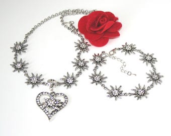 Trachtenschmuck Set Damen | Edelweiß Herz Halskette und Armband | Strassbesetzt | Dirndl Schmuckset | Alpen Chic Geschenk
