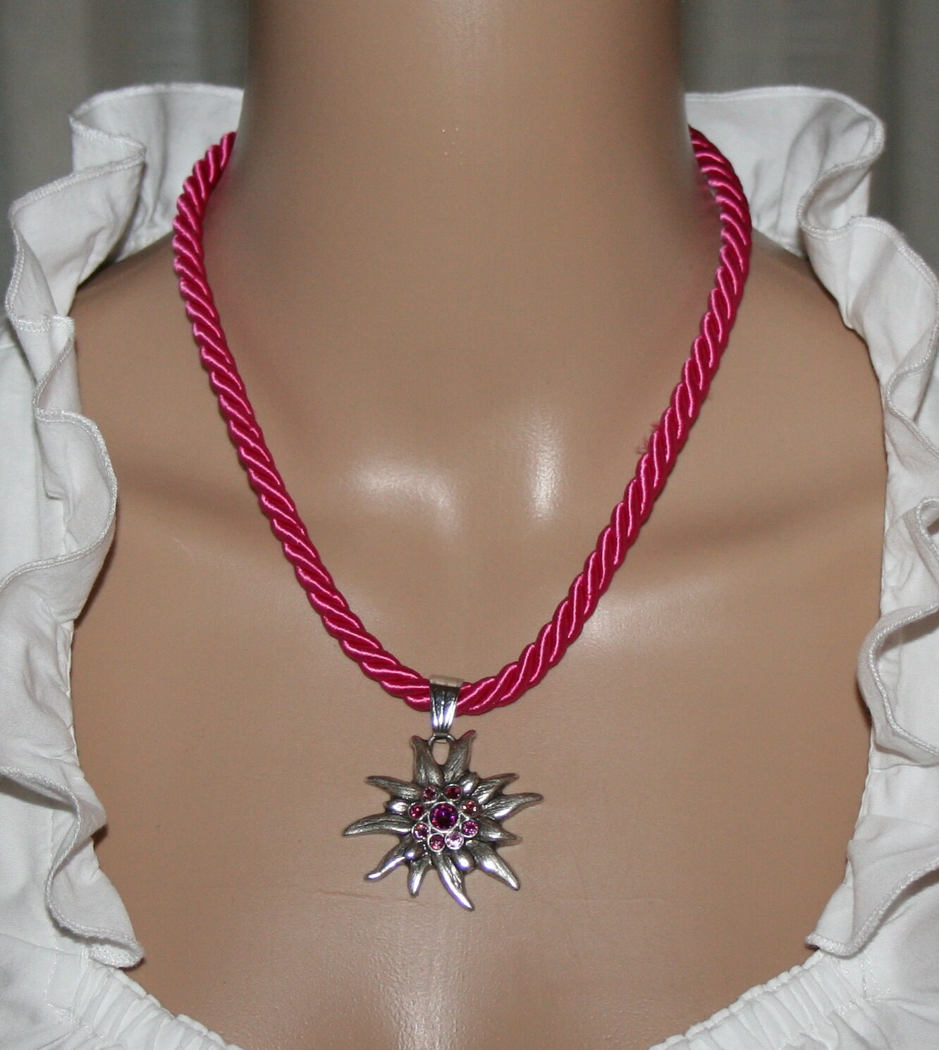 Dirndl Necklace Cord Pink Edelweiss Pendant Etsy