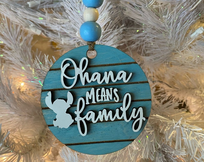 Ohana Means Family Inspired Ornament (Antique Blue), Wooden Home Decor, Hand Painted, Christmas Gift, Home Decor