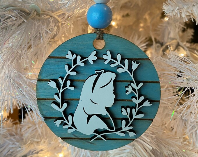 Alice in Wonderland Inspired Ornament (Antique Blue), Book Home Decor, Wooden Home Decor, Hand Painted, Christmas Gift, Home Decor